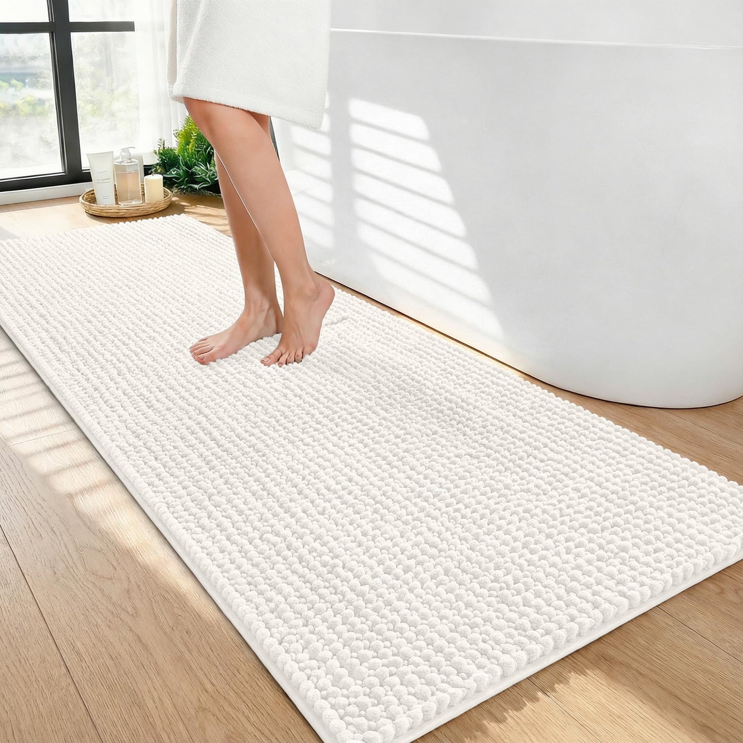 OLANLY Thick Bathroom Runner Rugs 47x24, Extra Soft Absorbent Chenille Bath Rugs, Rubber Backing, Machine Wash Dry, Long Bath Mats for Bathroom Floor, Tub and Shower, Home Decor Accessories, Ivory
