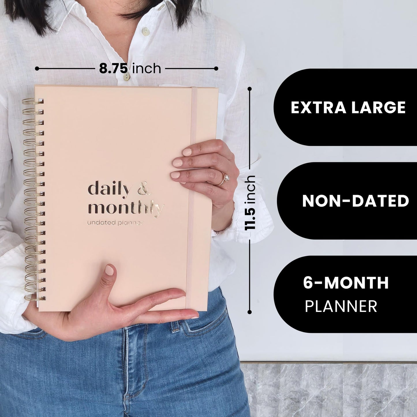 Undated Daily Planner | 2026 Calendar | Large Daily and Monthly Planner with Hourly Schedule, 8.5" x 11" | 6 Month, Full Page a Day, To do List, Time Blocking, Beige Aesthetic Hardcover Spiral Notebook