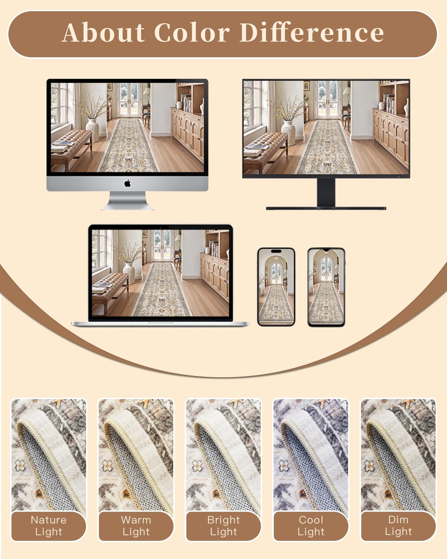 Madane Washable Runner Rug - 2x6 Rug Runners for Hallways 6 Feet Non Slip Vintage Kitchen Runner Rug Ultra-Thin Bathroom Runner Rugs Carpet Laundry Room Bedroom (2x6ft, Brown/Gold)