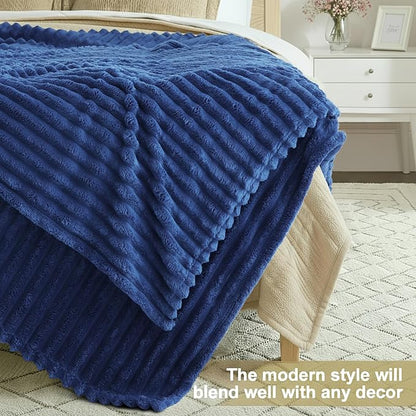 decorUhome Soft Fleece Navy Blue Blanket King Size for Bed, Cozy Fluffy Plush Flannel Large Striped Throws for Couch Sofa, Lightweight Decorative Fuzzy Blanket for Woman, 108x90 Inches
