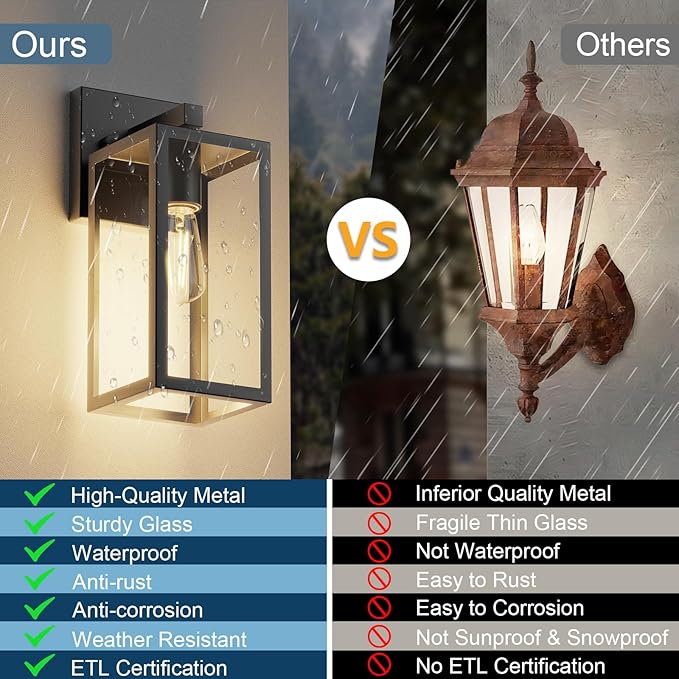 Kalium Porch Lights Outdoor Wall Light Fixture 2pcs, Matte Black, Wall Sconce 12.4 in, Toughened Frame, Clear Glass Shade, Waterproof Lanterns, Suitable for Patio, Exterior, Front, Door, Entryway
