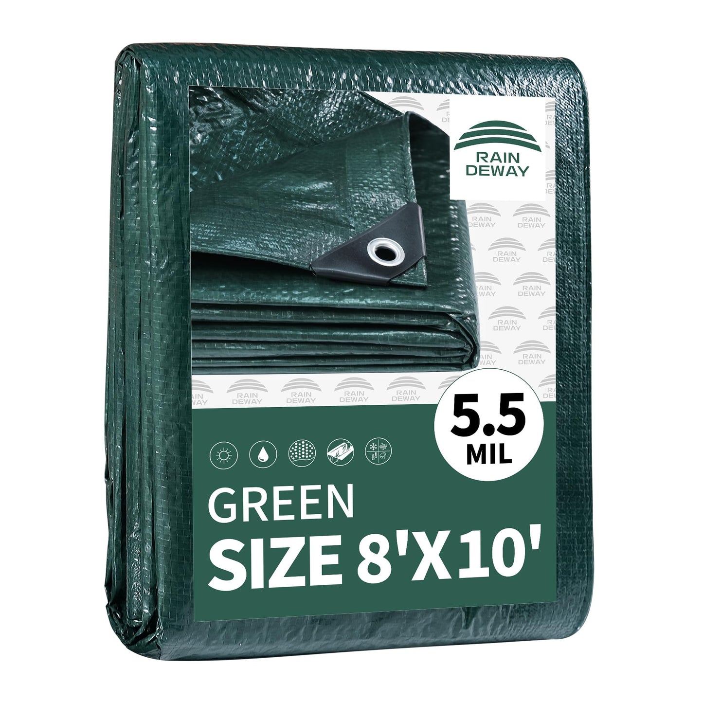 RAINDEWAY Green Tarp 8x10 Feet,Finished Size,5.5 Mil Thick,Multipurpose Waterproof Poly Tarps Cover with Metal Grommets and Reinforced Edges