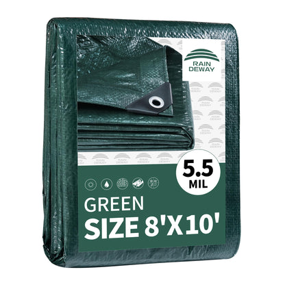 RAINDEWAY Green Tarp 8x10 Feet,Finished Size,5.5 Mil Thick,Multipurpose Waterproof Poly Tarps Cover with Metal Grommets and Reinforced Edges