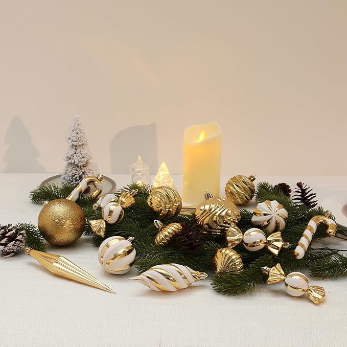 Christmas Ball Ornaments Set Shatterproof Christmas Tree Ornaments 24 PCS Painted Shaped Styles Xmas Tree for Holiday Decor,Gold
