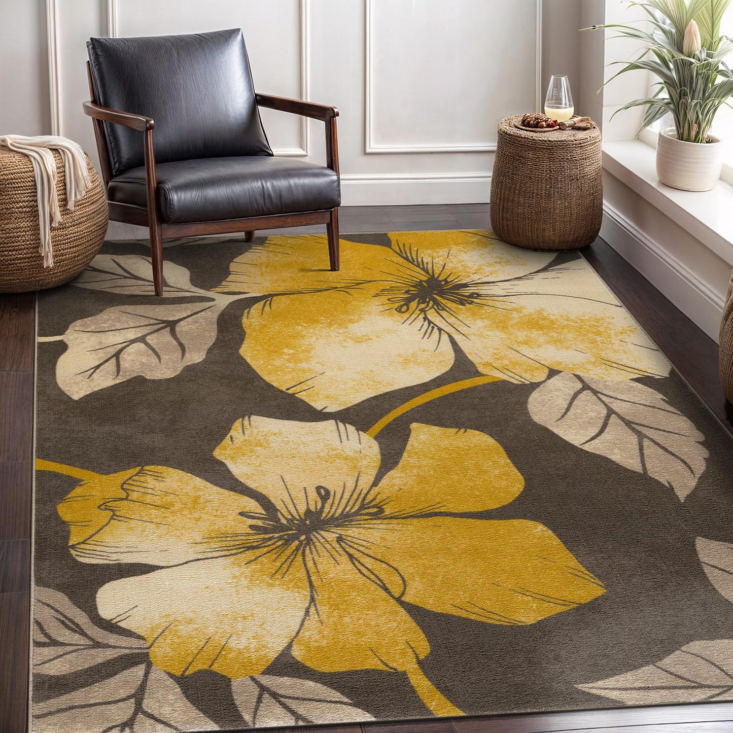 CAMILSON Solana Modern Floral 5x7 Area Rugs Non-Skid (Non-Slip) Rubber Backing Yellow - Brown Flowers Indoor Rug (5 x 7, Yellow Brown)