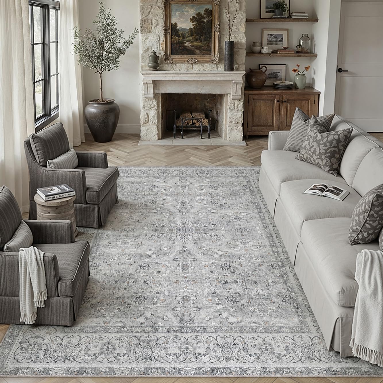 PureCozy Gray 8x10 Area Rug Washable Living Room Vintage Carpet Bedroom Large Indoor Non Slip Soft Low Pile Thin Stain Resistant Distressed Accent Throw Rug for Dining Office Nursery