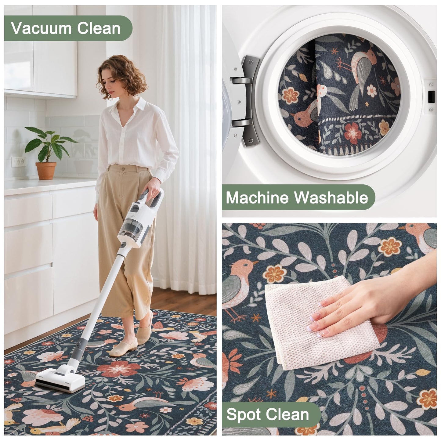 Anidaroel 48"x60" Office Chair Mat for Hardwood Floor/Tile, Black Floor Mat for Office Chairs, Anti-Slip Floral Under Desk Rug for Rolling Chairs, Bird Bug Low Pile Desk Chair Mats for Hardwood