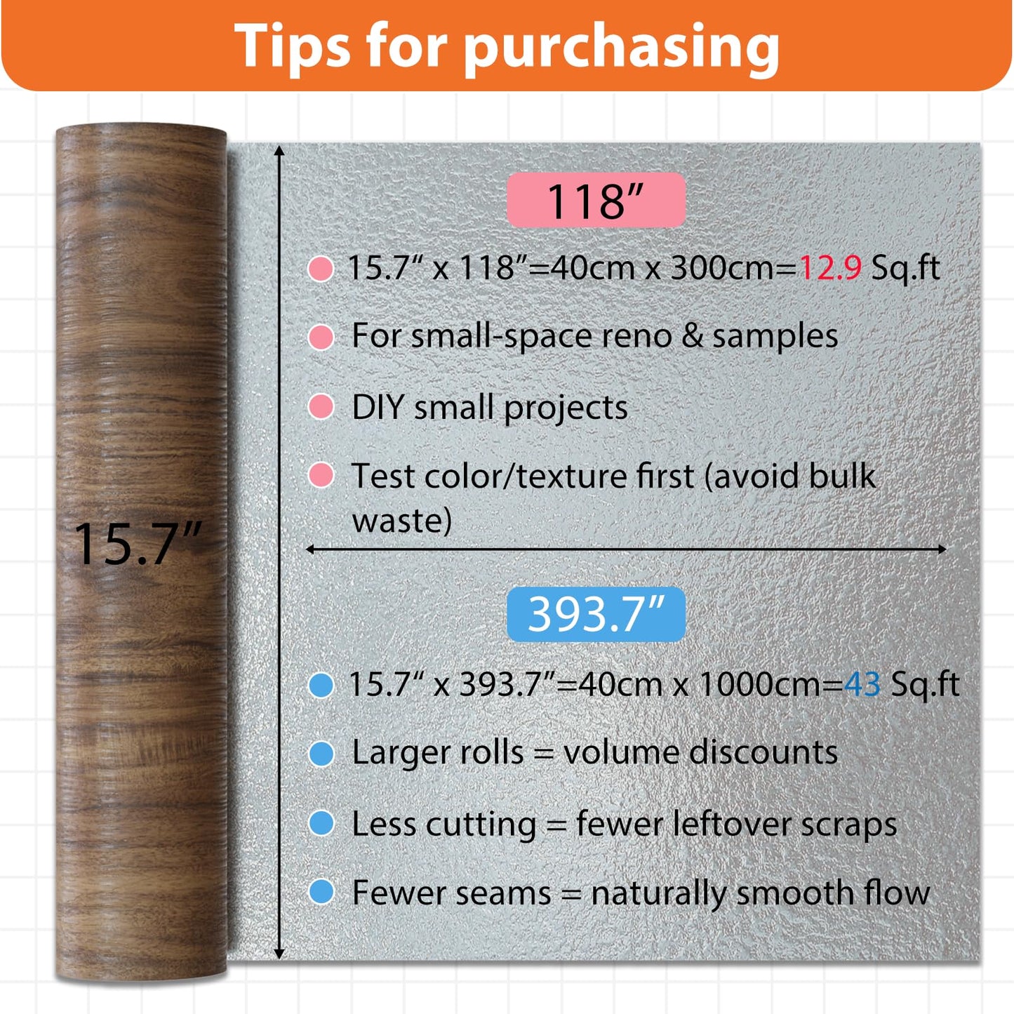 Homease Vinyl Flooring Roll 15.7" W x 393.7" L/ 43 Sq.Ft, Wood Grain Peel and Stick Floor Tiles Waterproof Wear-Resistant Vinyl Plank Flooring for Any Room, Easy DIY Flooring Solutions, Brown