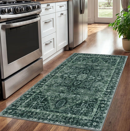 KOZYFLY Boho Area Rug 3x5 Ft Rugs for Entryway Washable Entry Rug Non Slip Door Mat Indoor Entrance Printed Faux Wool Throw Rugs for Entrance Kitchen Living Room, Dark Green
