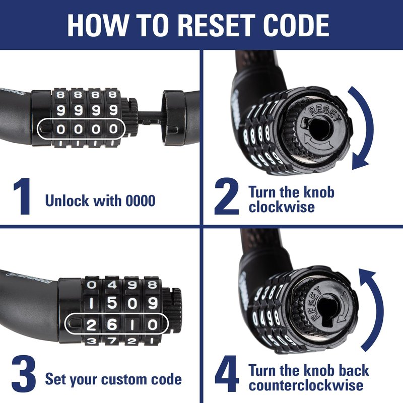 BRINKS 6 ft Outdoor Bike Lock Cable, Anti Theft Self-Coiling Design, Resettable 4-Dial Combination, 5/16" Weather-Resistant Vinyl Coating for Bikes