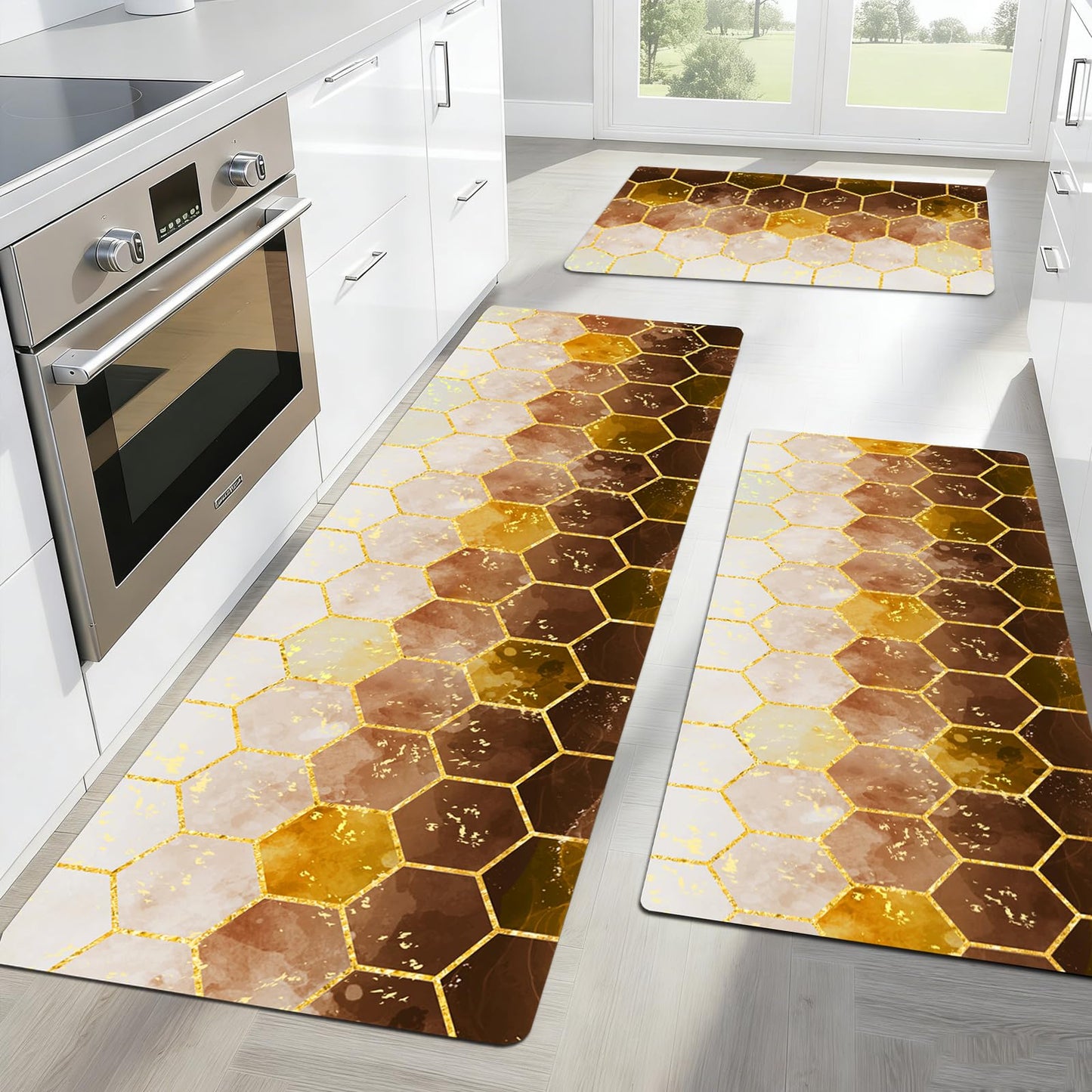 BSSN 3-Piece Kitchen Rugs and Mats Set,Cushioned No-Slip Resistant Kitchen Mats for Floor,Luxury Gold Hexagon Geometric Comfort Floor Mats,Washable Runner Rug for Kitchen Sink,Laundry,Office