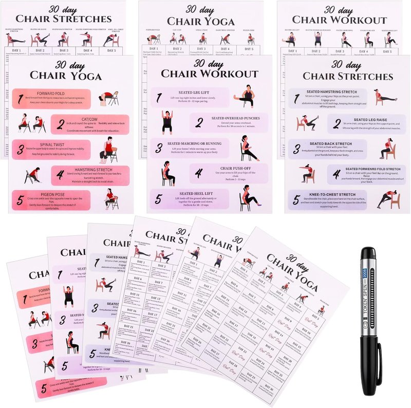 Karlaris 30-Day Chair Yoga Chart Set - 6-Pack Office Workout Posters for Seniors | Gentle Stretching & Seated Exercises
