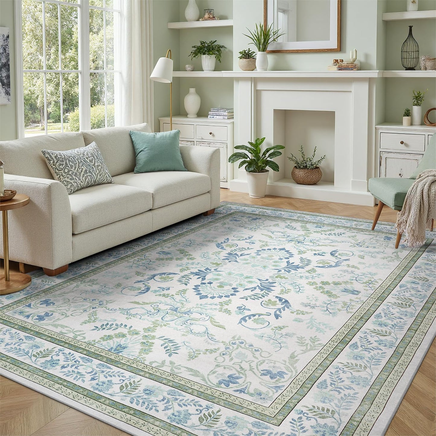 DCX Green 8x10 Rug, Kid & Pet Friendly with Rubber Back Non Slip, Machine Washable Stain Resistant Botanical Floral Rug for Living Room, Bedroom, Soft Low Pile Large Nursery Carpet
