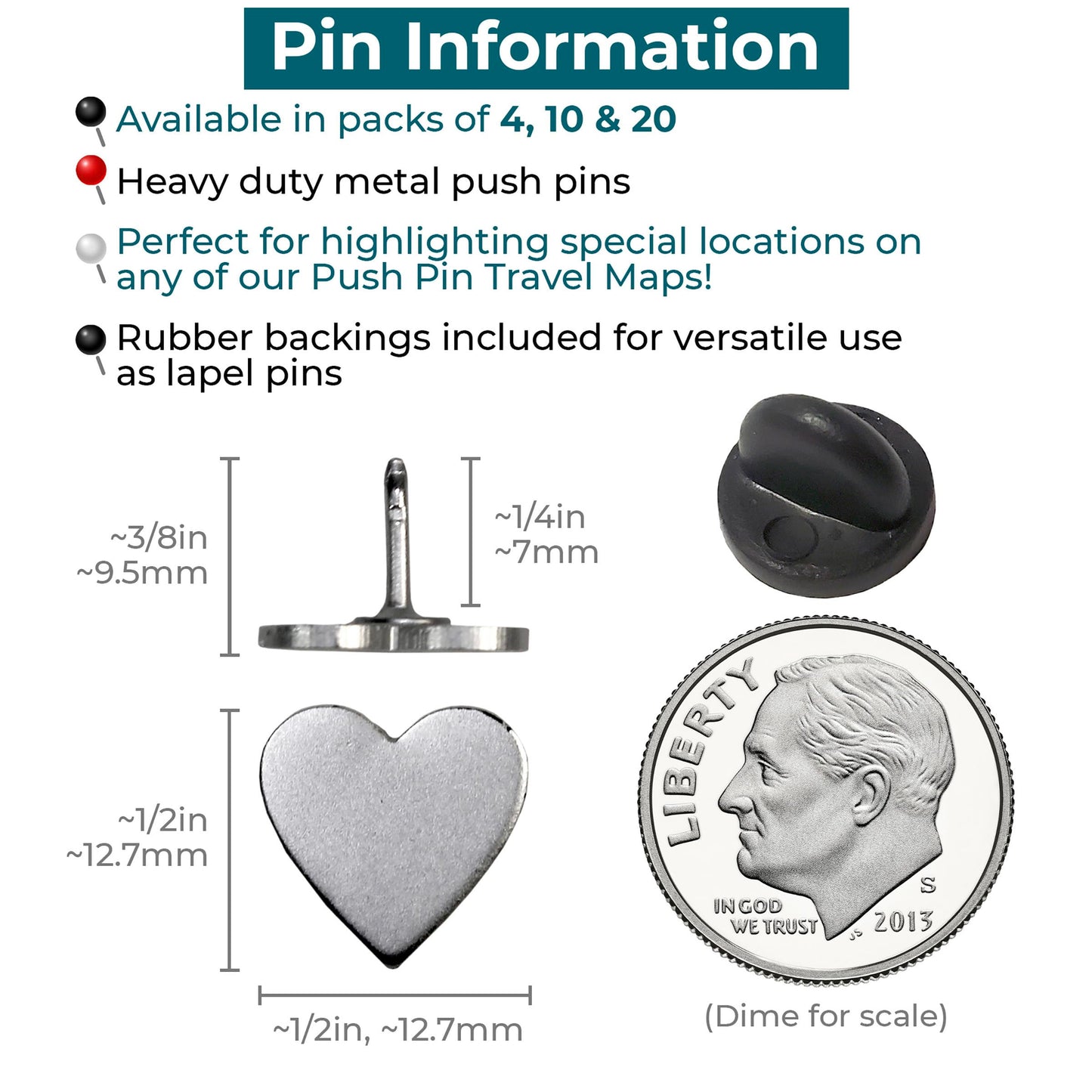 Big Silver Heart Push Pins - Large Silver Metal Heart Map Pins - for Cork Board, Maps, or Lapel Pin Use - Designed in USA - Set of 20