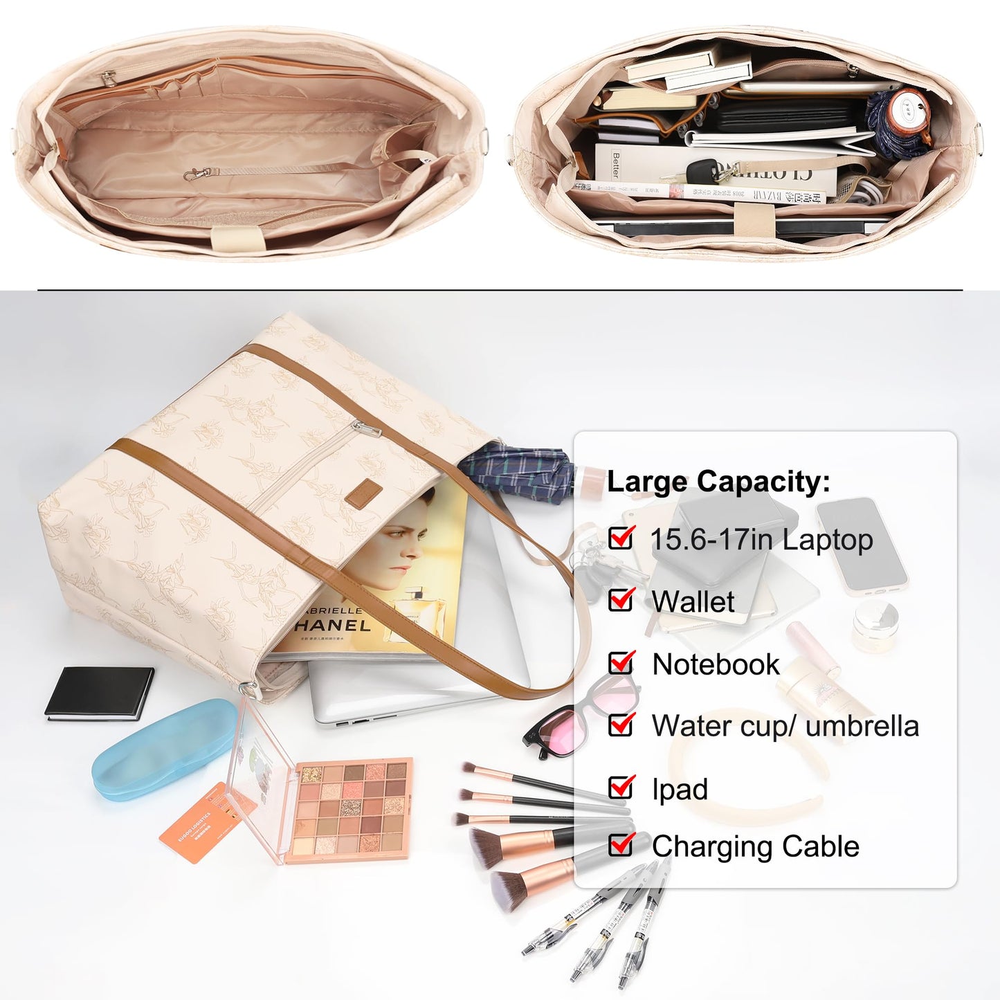 Laptop Bag for Women 17 Inch, Leather Laptop Tote Bag Waterproof Computer Bag Office Work Bag Business Briefcase with Compartment&Shoulder Straps (A3-Beige/Brown Flower, 17.3 inch)