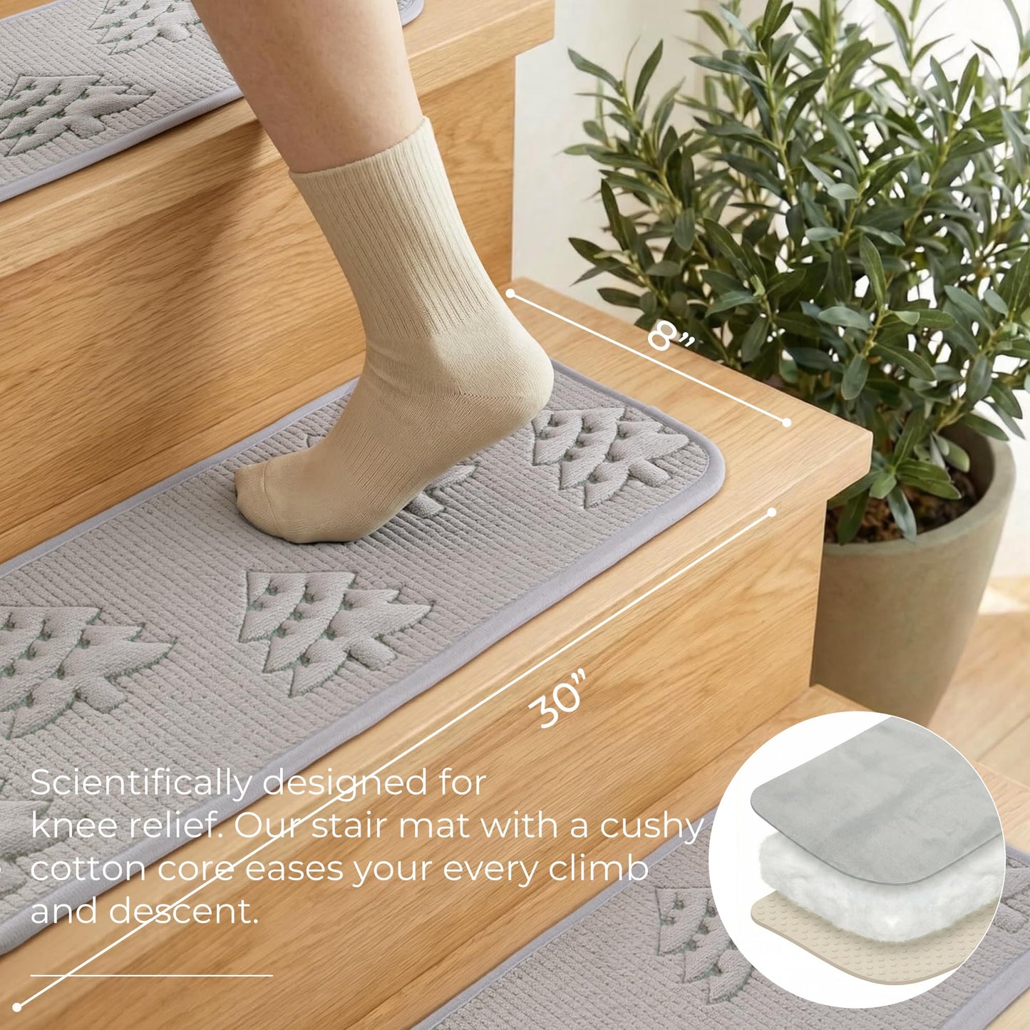 Peel and Stick Stair Treads for Wooden Steps 15 Pack 8x30 Inch, Staircase Step Treads 3D Embroidery Soft Plush Stair Runners with Silicone Grip Backing, Friendly Anti Alip Stair Treads for Dogs Greige