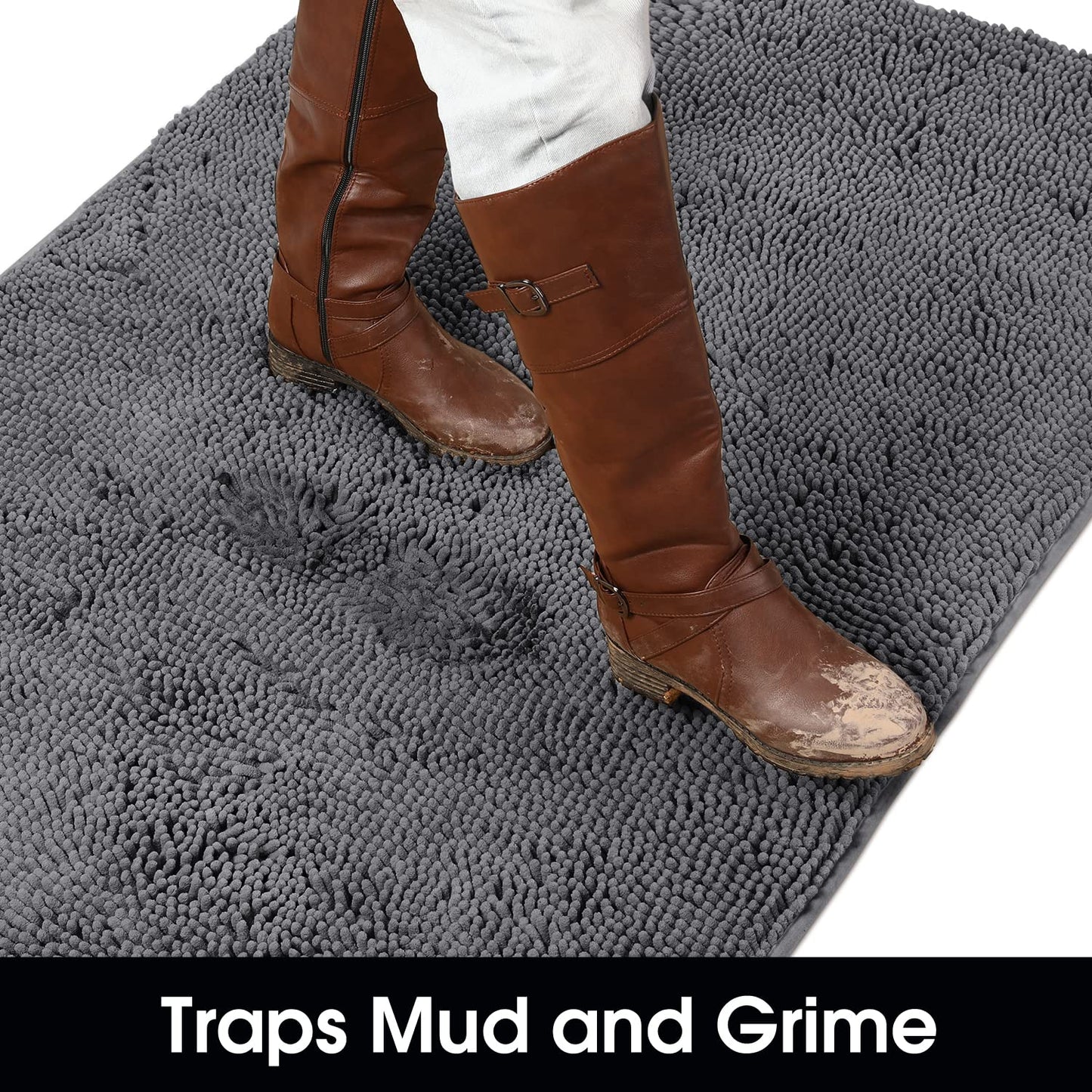 HOMEIDEAS Dog Door Mat for Muddy Paws 30x20, Absorbs Moisture and Dirt, Non-Slip Washable Doormat, Soft Chenille Mud Mat for Dogs, Entry Indoor Entryway Carpet for Outside Floor, Grey