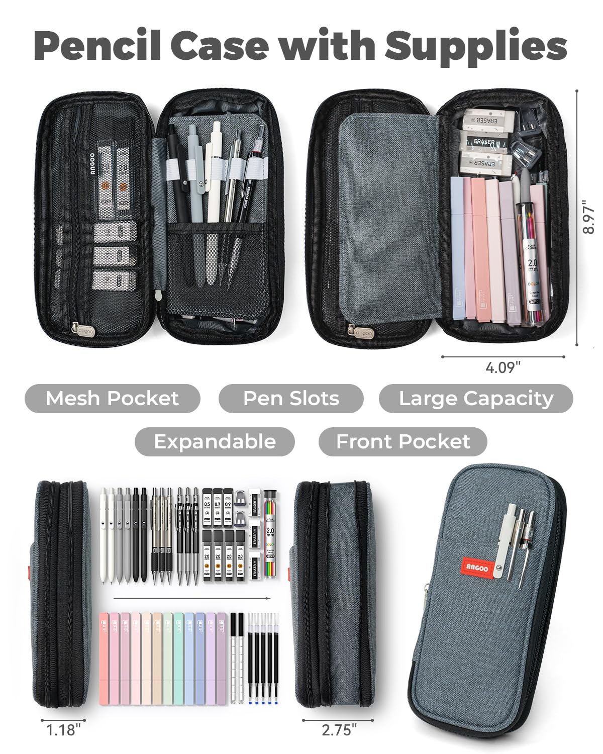 Four Candies 45 PCS School Supplies with Pen Case, 12 Pastel Highlighters, 6 Black Ink Gel Pens, 6 Mechanical Pencils Set for Students Stationary College Essentials (Black)