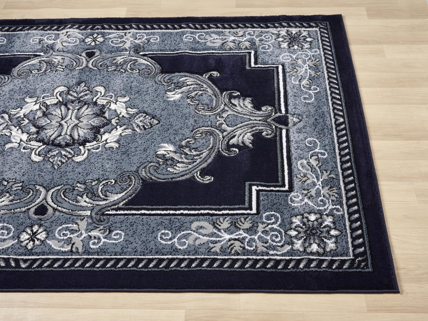 HADBA Modern 5x7 Navy Traditional Living Room Rug - Area Rugs for Living Room Dining & Bedroom - Hand Carved Runner Carpet - Durable Polyester - Non-Fade Stain-Resistant - Turkish Made