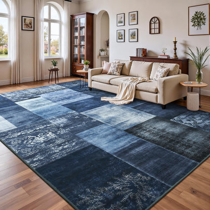 DweIke Washable Area Rugs 6x9 for Living Room, Large Modern Geometric Navy Blue Soft Patchwork Carpet, Non-Slip Stain Resistant Throw Rug for Bedroom Dining Room Office Home Decor