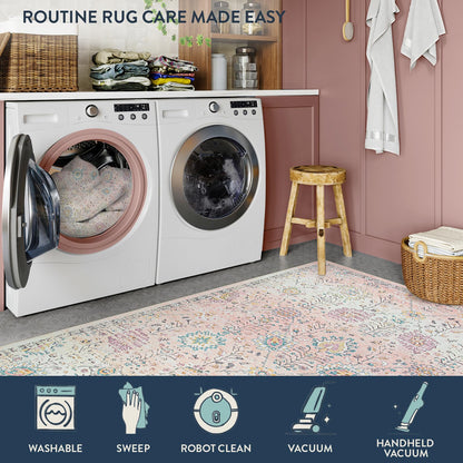 Lahome Pink Boho Area Rug, 8x10 Washable Rugs for Bedroom Girls Living Room, Soft Blush Floral Non Slip Pastel Thin Floor Carpet for Classroom Playroom Home Decor