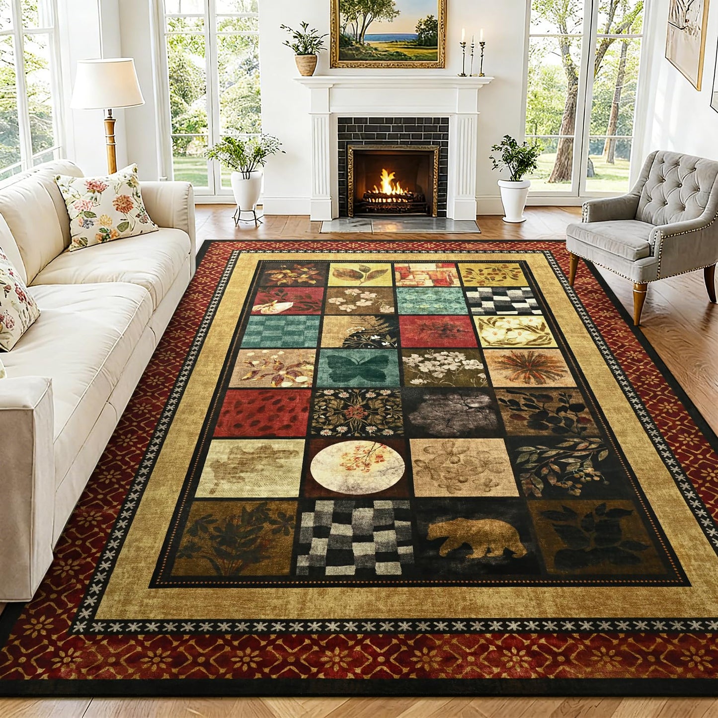 Zedrew 5x7 Area Rug, Geometry Floral Rugs for Living Room, Non Slip Low Pile Print Rug Indoor Carpet Bedroom Office Dining Kids Room Playroom Apartment Home Decor (Red, 5x7ft)