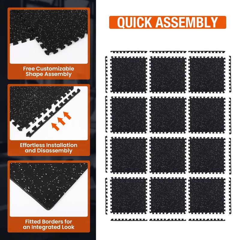 FAHKNS Gym Mat, 0.79'' Extra-Thick Exercise Equipment Mats, 12 Pcs 48 Sq Ft Rubber Top Floor Tiles, Non-Slip, EVA Foam Exercise Mat Tiles - Durable, Interlocking Mat, Gym Flooring for Home Gym(Black)