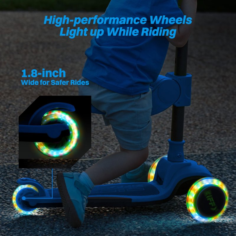 JOVA ZIFFY 2-in-1 Toddler Scooter with Seat, 3 Wheel Scooter with LED Lights, Anti-Slip Surface, Adjustable Height Handlebars and Foldable Seat, Toys for Kids Ages 3-12, Blue (Up to 110 Lbs)