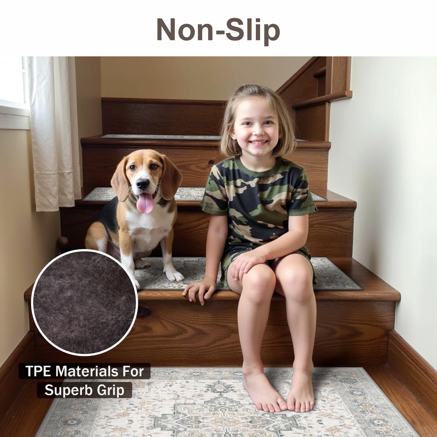 sarben Non Slip Stair Treads for Wooden Steps 1PCS - 30"x30" Indoor Safety Carpet, Edging Mats with TPE Adhesive Backing, Pet and Elderly Friendly Stair Rugs (Taupe)