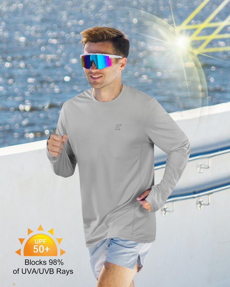 EoBeKee Mens UPF 50+ Sun Protection Shirts, UV Long Sleeve Swim Rash Guard for Hiking Running Fishing Quick Dry Lightweight