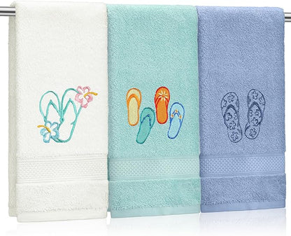 3 Pack Coastal Hand Towels for Bathroom 100% Cotton Embroidered Beach Bathroom