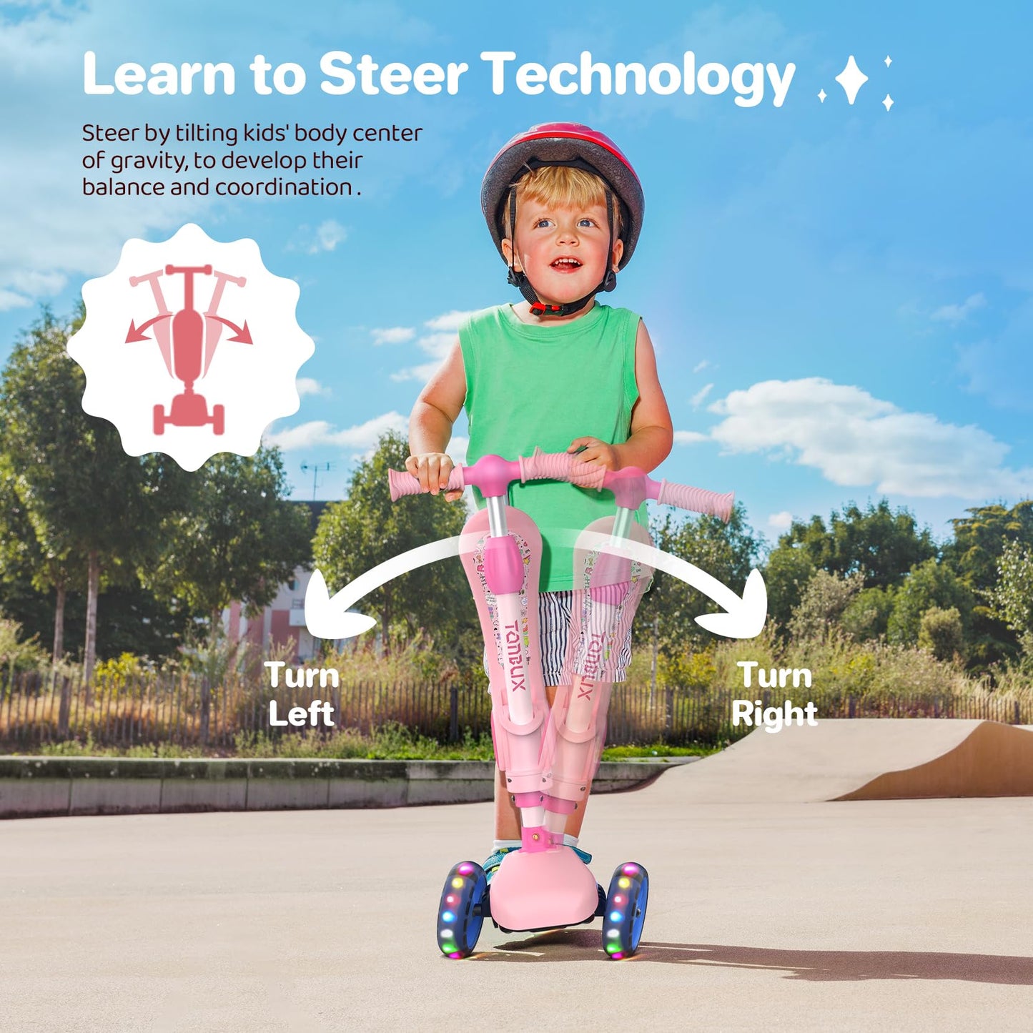 TONBUX Kids Scooter with Seat, 3 Wheels Scooter with PU Luminous Wheels, Non-Slip Handle and Wide Deck, Sensitive Brakes, 4-Level Adjustable Height, Scooters for Kids 2–8 Years Pink