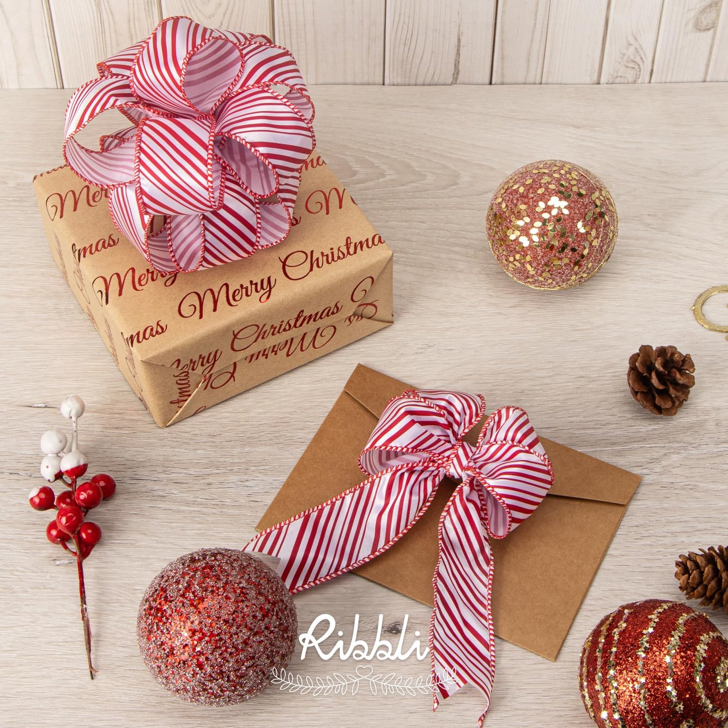 Ribbli Candy Cane Ribbon Red and White Stripe Wired Satin,1-1/2 Inch x Continuous 10 Yard,Peppermint Stripe Christmas Ribbon for Big Bow, Wreath,Tree Decoration, Outdoor Decoration