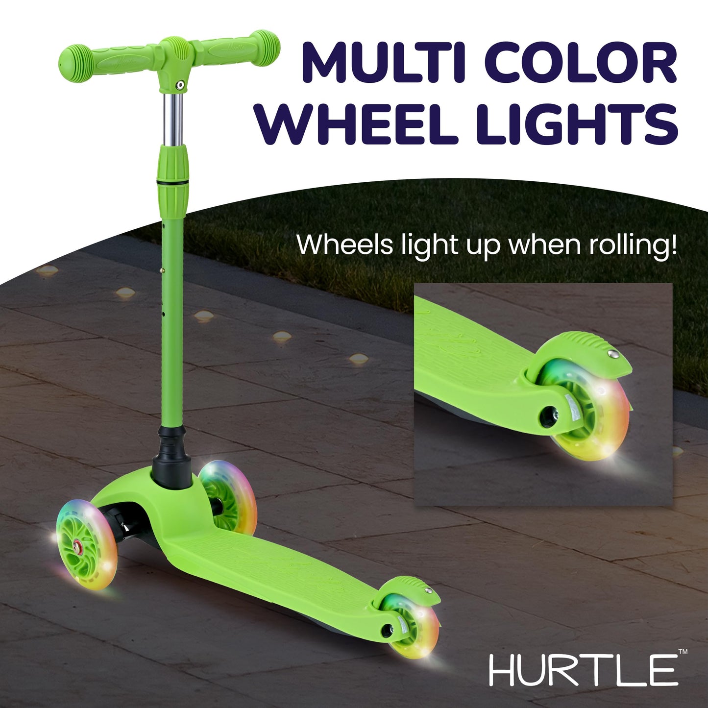 Hurtle Toddler Scooter, Adjustable Micro Scooter for Ages 2-5, Lightweight Kids 3 Wheel Design with LED Light-Up Wheels, Anti-Slip Deck & Lean-to-Steer Control, Indoor/Outdoor Use (Green)