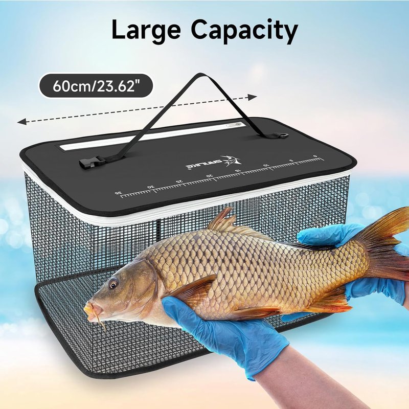 Floating Fishing Basket - Collapsible Net Cage for Live Fish | Rubber Coated, 24L/40L/59L, Black/Grey