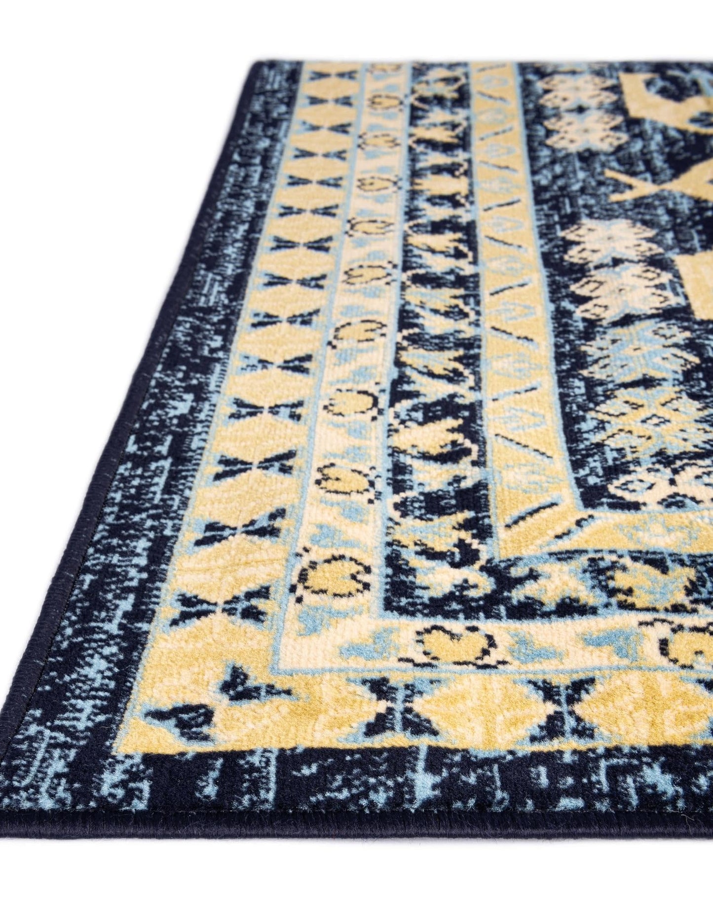 Unique Loom Taftan Collection Border Geometric Tribal Inspired Design Area Rug (2' 7 x 10' 0 Runner, Navy Blue/ Gold)
