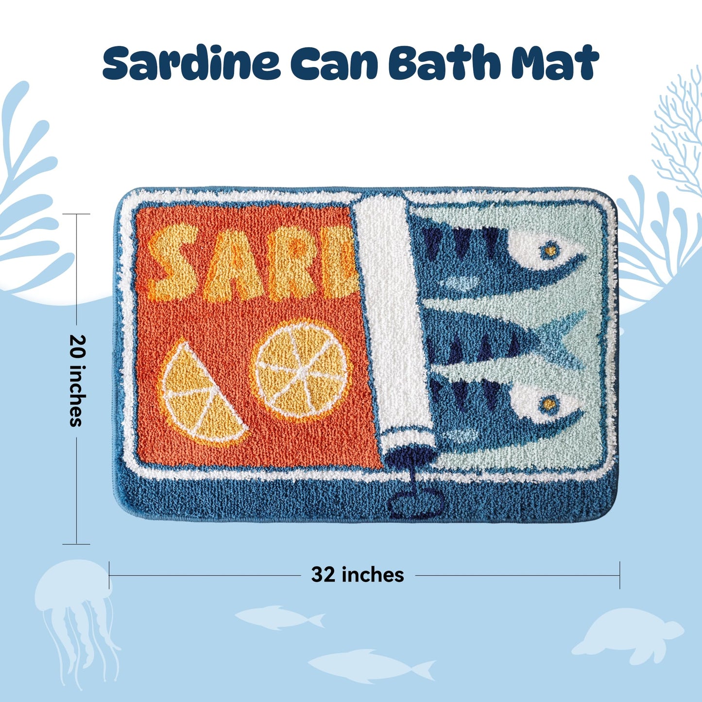 TRUEDAYS Sardine Can Bath Mat, Blue Bathroom Rugs for Bedroom, Soft Washable Rug Non Slip Cute Kitchen Bath Mats for Bathroom Funny Cartoon Fish and Lemon