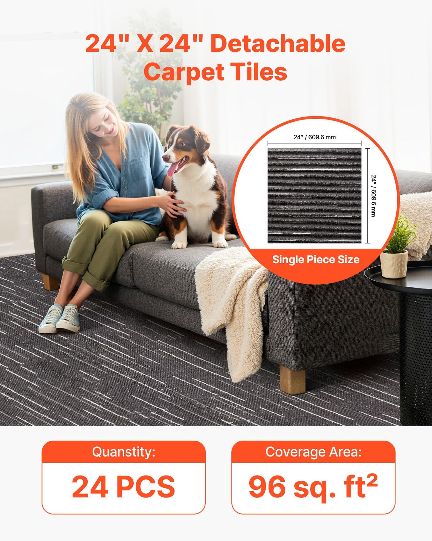 VEVOR Carpet Tiles Reusable 24x24 inch, 24 PCS Modular Carpet Square Rug, Commercial Floor Soft Padded for Seamless Cover 96sq.ft, Easy DIY Replacement for Living Room Bedroom Office Indoor,Gray