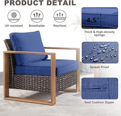 Rilyson 3 Piece Wicker Patio Furniture Set,Patio Bistro Set with 2 Rattan Armrest Chairs and 1 Side Table,Sturdy Frame,All-Weather PE Wicker,Wide Armrest,Deep Seating and Thick Cushions(Brown/Blue)