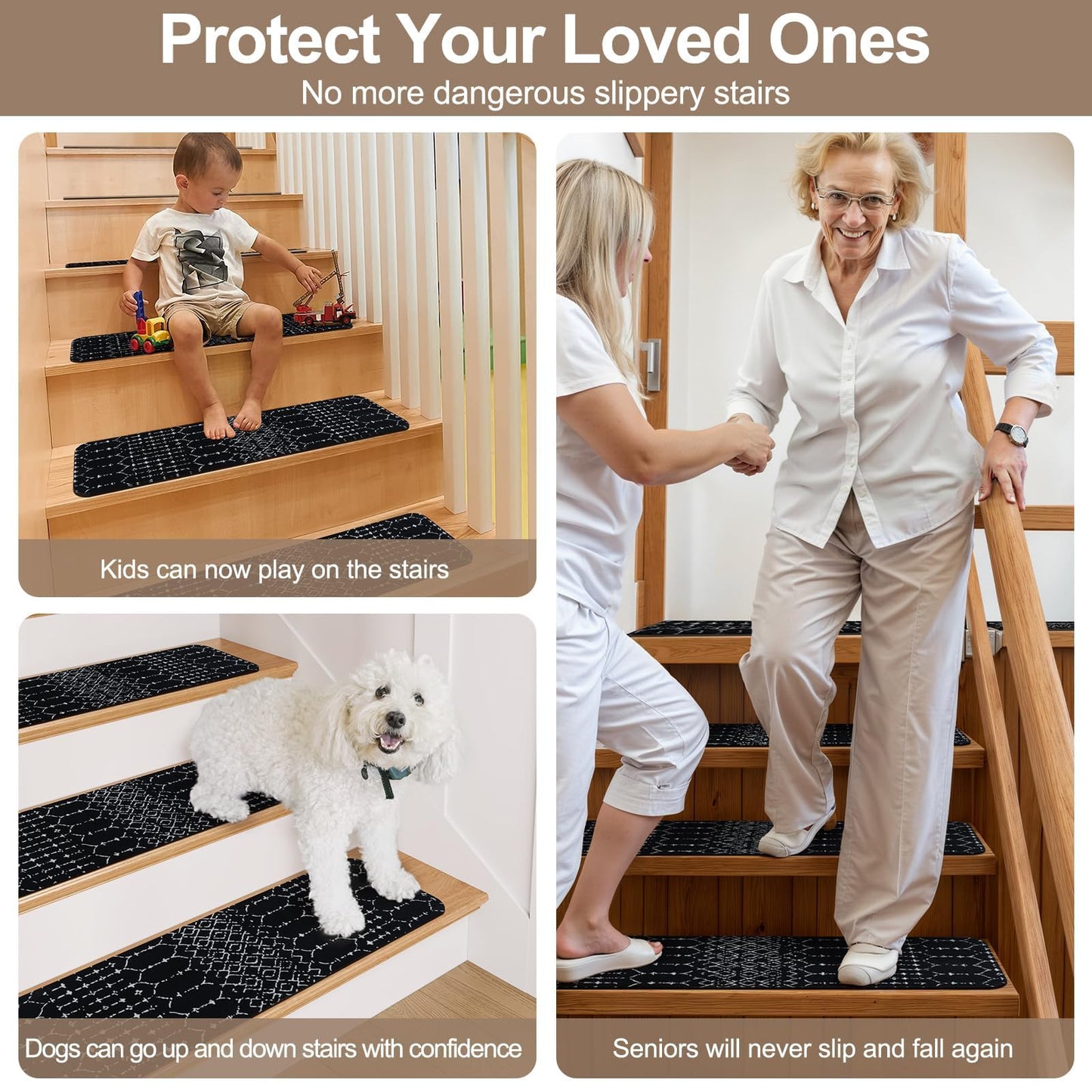 OJIA Stair Treads Non-Slip Stair Runners for Wooden Steps Indoor 15PCS 30"x8" Carpet Stair Treads Stair Mats Staircase Step Treads for Kids, Elders and Dogs, Stair Covers, Black
