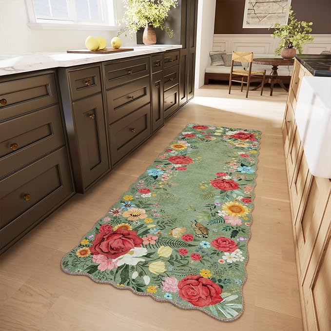 Kitchen Rug Runners for Hallways: 2'6''x8' Washable Runner Rugs for Kitchen Ultra Thin Stain Resistant Non Slip Low Pile Lightweight Vintage Floral Carpet for Laundry Room Decor (Green)