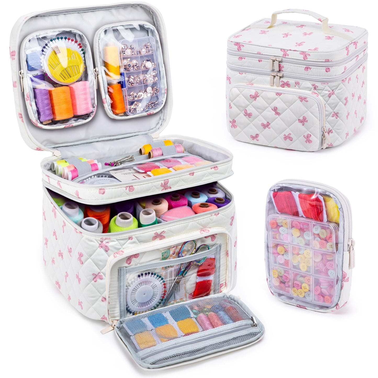 AMOIGEE Double-Layer Sewing Organizer Storage Bag with 2 Detachable Pouches, Large Quilted Sewing Basket for Supplies & Tools, Portable Travel Sewing Kit Case, Gift for Mom(Bag ONLY)