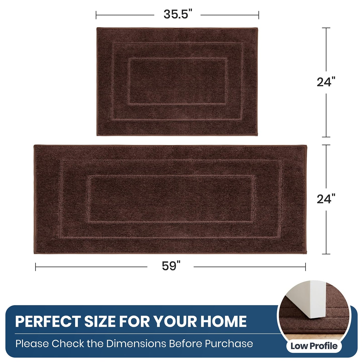 PURRUGS Machine Washable Kitchen Rug Set [2 PCS] (24" x 35.5"+ 24" x 59"), Non-Slip/Skid Kitchen Runner Rugs & Floor Mats, Super Absorbent Soft Standing Mats for Kitchen, Laundry & Sink, Brown
