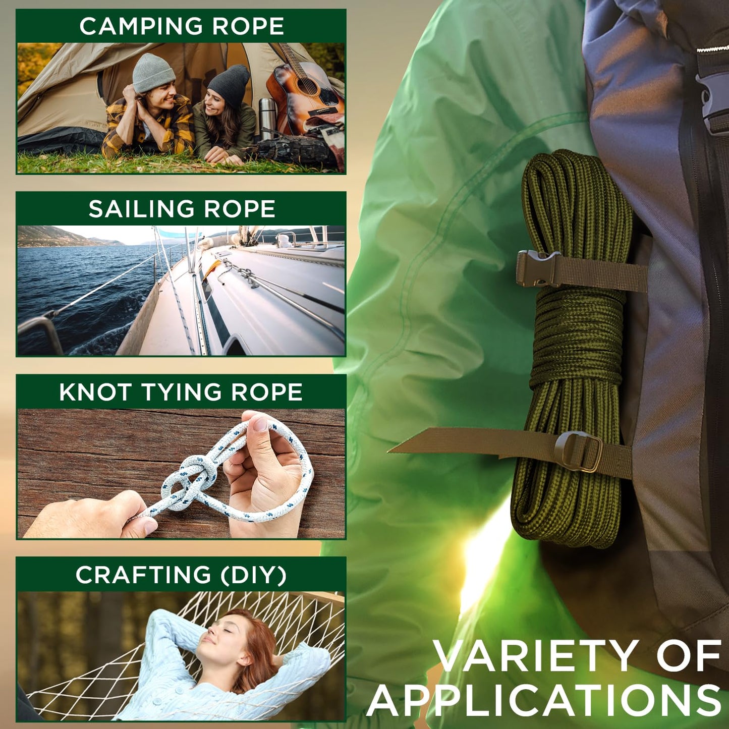 TECEUM Rope – 90 Feet x 1/4 Inch (7mm) – Army Green – Strong All-Purpose Utility Rope – Camping, Crafting, Flag Pole, Indoor & Outdoor – Polypropylene Nylon Poly Lightweight Diamond Braided Cord