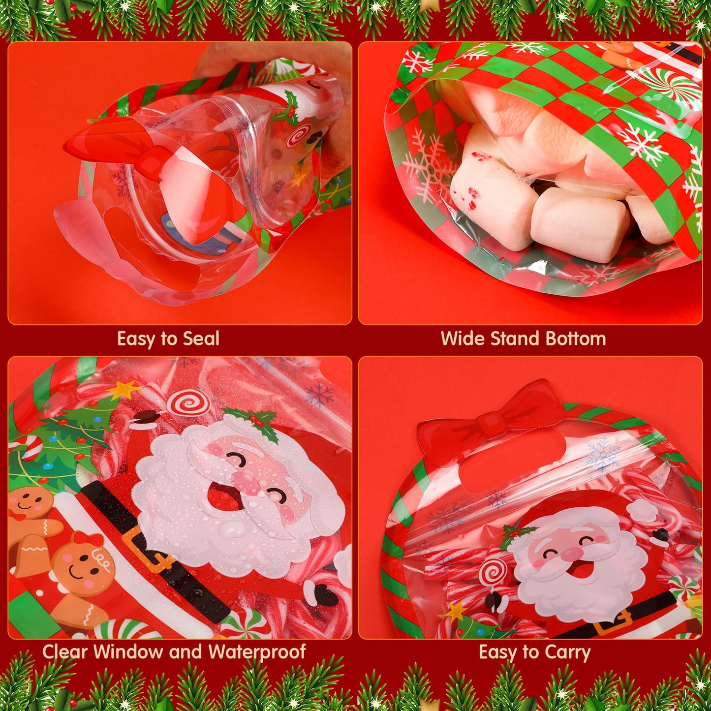 Fuutreo 50 Pcs Christmas Gift Bags Transparent Santa Sealing Pouches with Handles Resealable Merry Christmas Plastic Favor Bags for Holiday Party Candy Gift Wrapping Supplies Decoration(Xmas)