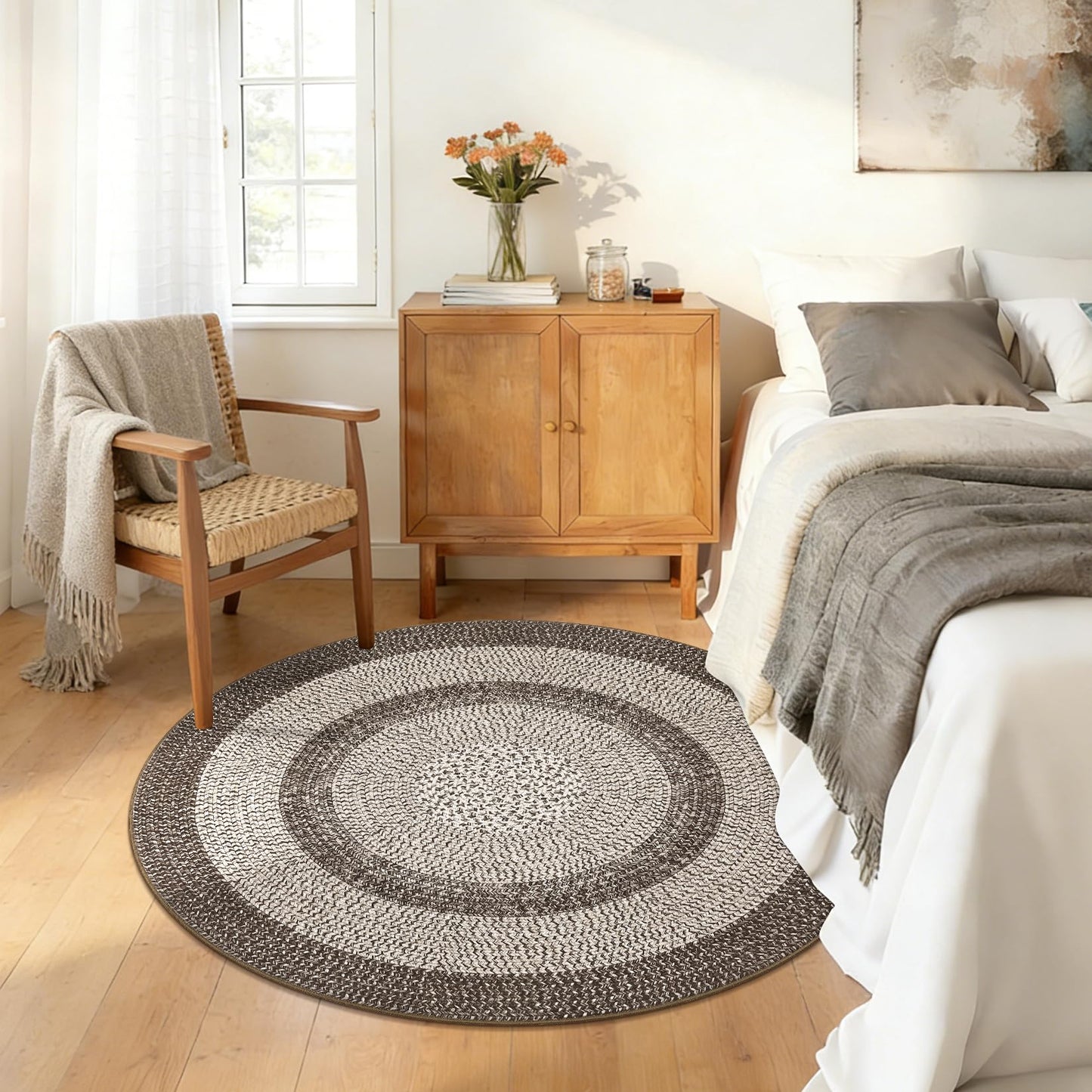 Modern Bordered Round Area Rug 4ft Washable Bedroom Circle Rugs Non Slip Stain Resistant Dining Room Round Throw Carpet Contemporary Circle Mats for Living Room Kitchen Nursery, Mocha