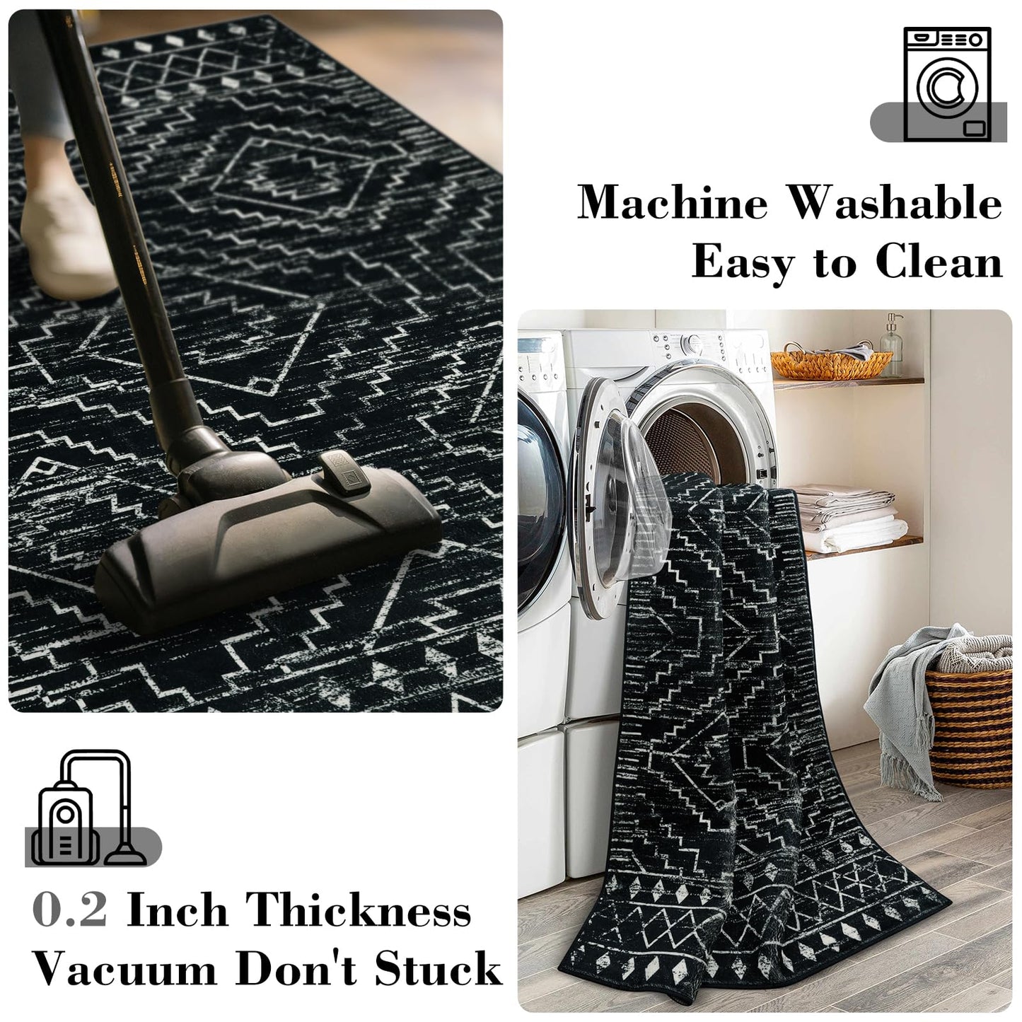 Wonnitar Moroccan 3x5 Rug, Black Washable Small Rug for Bedroom, Non-Slip Geometric Tribal Entry Throw Mat, Boho Farmhouse Rustic Soft Low Pile Area Rug for Bathroom Dining Guest Room (Black,3'x5')