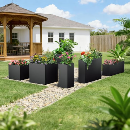 Metal Planter Box 14" x 14"x 30",Heavy-duty Galvanized Steel Outdoor Planter with Removable Built-in shelf and Drainage Holes,Rectangular Planter for Porches, Gardens, Patios, and Courtyards，Black