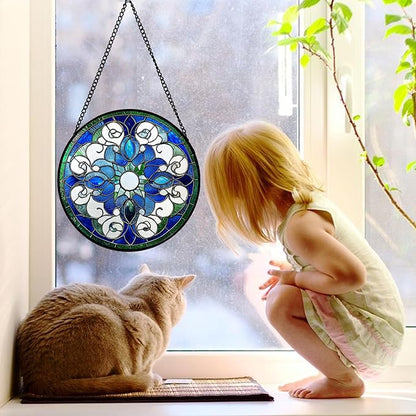 Stained Glass Window Hanging, Boho Style Sun Catchers Diamond Glass Panel Hangings Tiffany Suncatcher Decor for Birthday for Women, Men, Wife, Aunt, and Mom 7.8 in