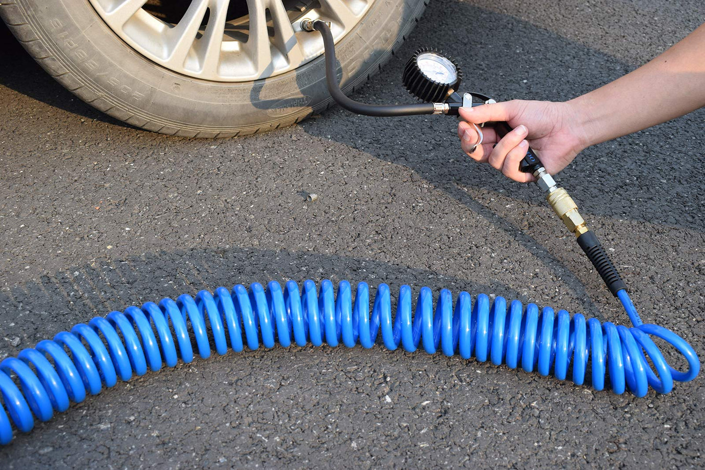 YOTOO Polyurethane Recoil Air Hose, Air Compressor Hose 1/4" Inner Diameter by 25' Long with Bend Restrictor, 1/4" Industrial Quick Coupler and Plug, Blue
